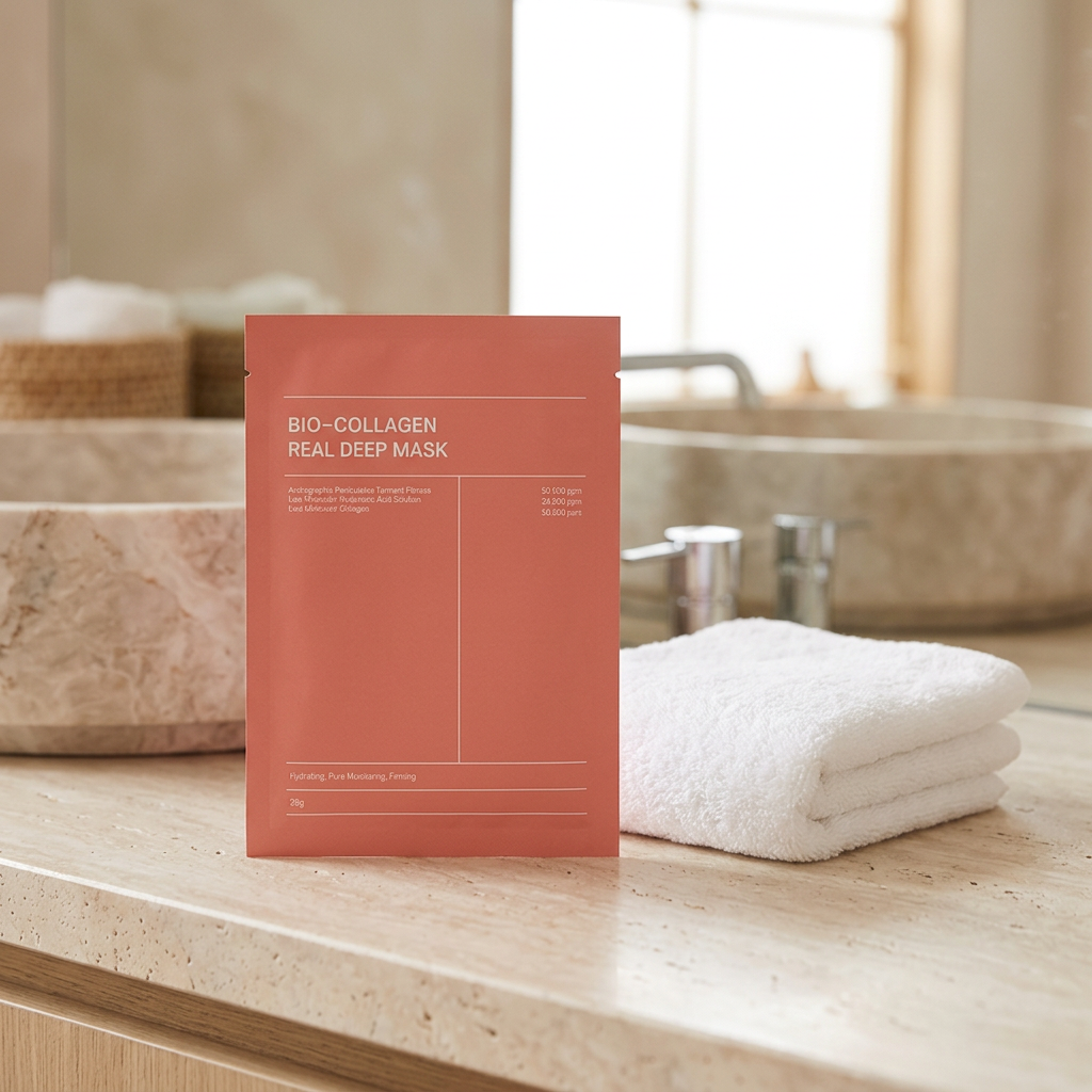 Bio Collagen Real Deep Mask on a bathroom vanity beside white towels