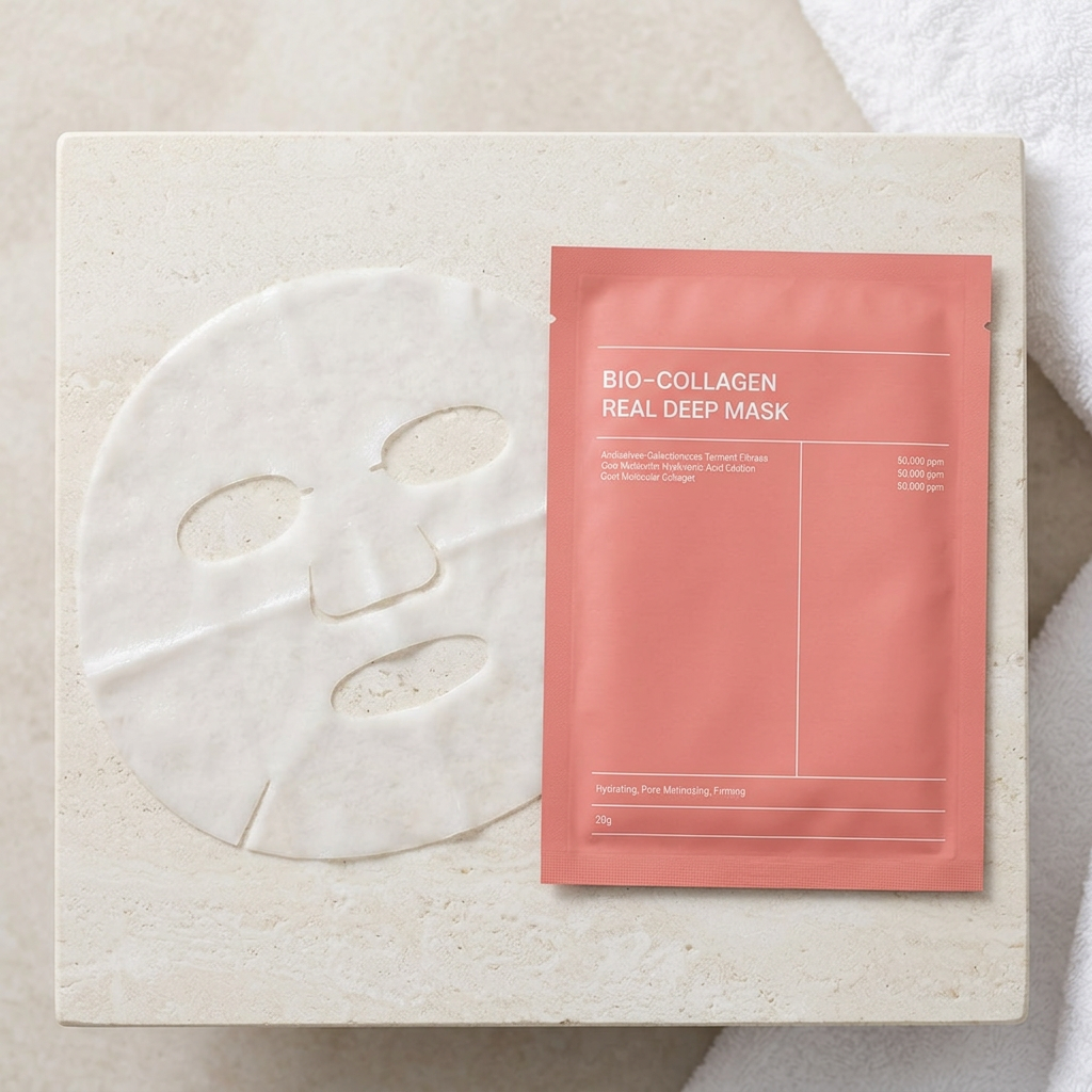 Bio Collagen Real Deep Mask sachet beside an unfolded sheet mask